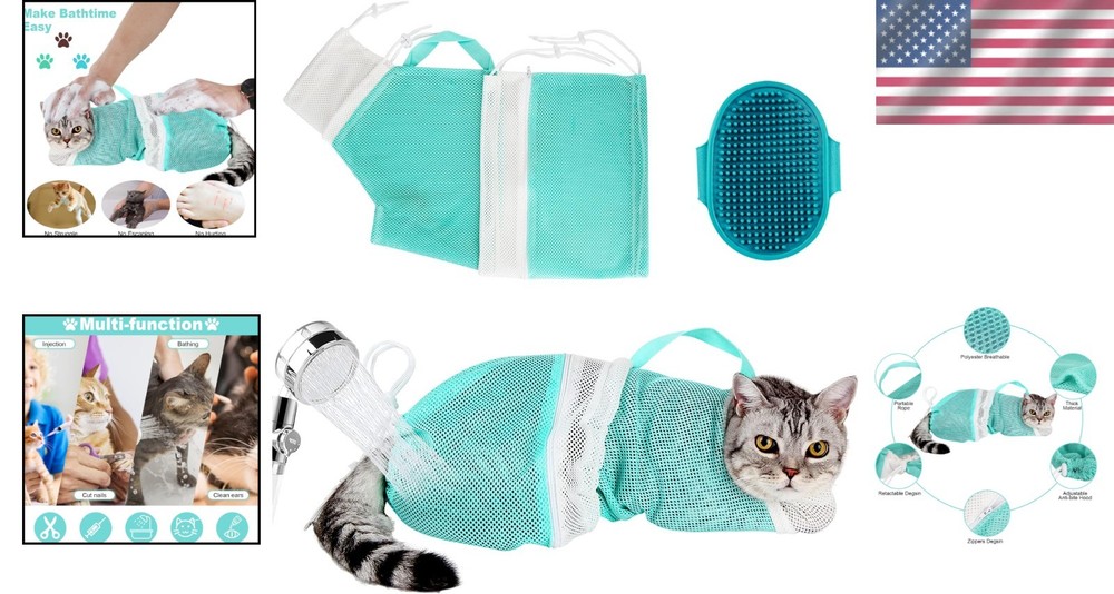 Adjustable Cat Bathing Bag Set with Grooming Tools - Secure & Comfortable Wash