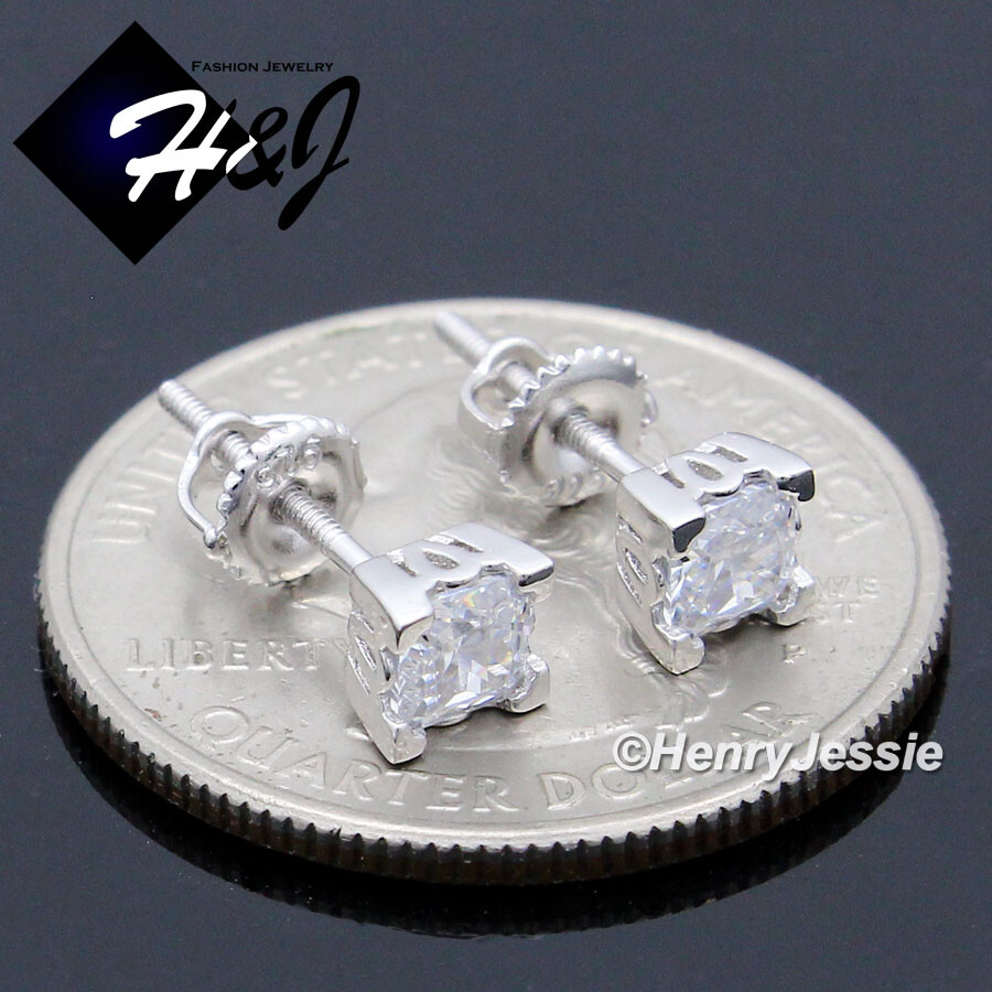 MEN WOMEN SOLID 925 STERLING SILVER ICY BLING CZ 5MM SQUARE 3D STUD EARRING*E224