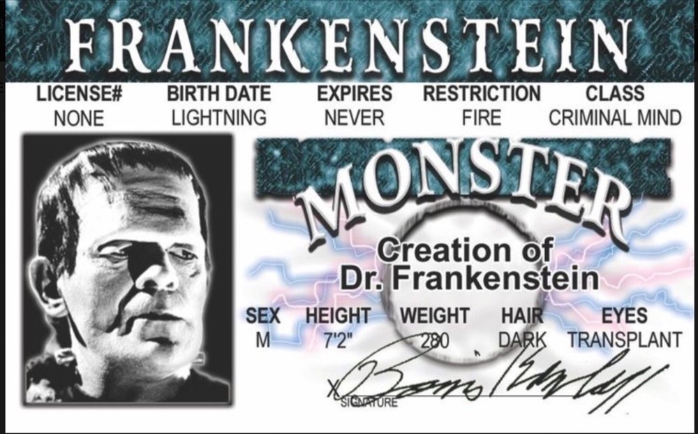 Frankenstein Drivers License 3.4” X  2.2” Laminated ID Card.