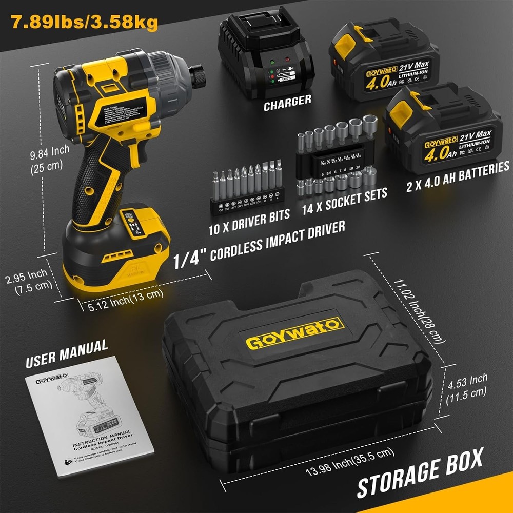 Powerful Brushless Cordless Impact Driver - 2 Batteries & 14 Socket Set