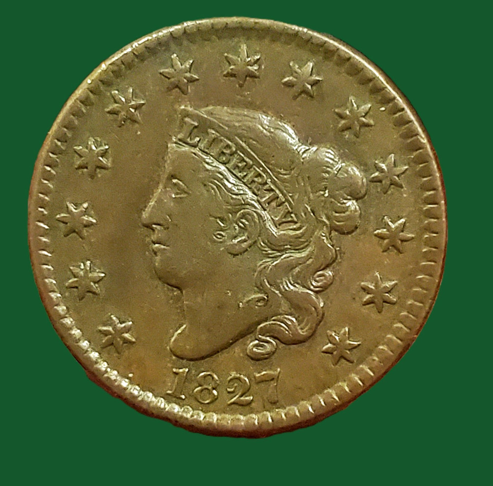 1827 CORONET HEAD LARGE CENT ~ NICE EVEN COLOR PROBLEM-FREE EXTREMELY FINE