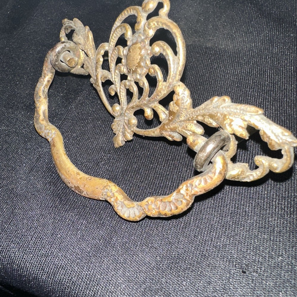 Antique Brass Drawer Pull Handle Beautiful Design & Details! For Bureau, Etc.