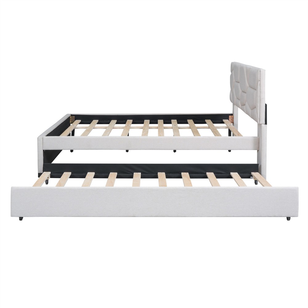Full/Queen Size Bed Frame Upholstered Platform Bed w/ Headboard Beige/Gray