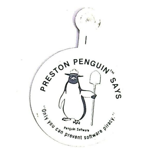 VTG. PRESTON PENGUIN SOFTWARE PIRACY PROMOTIONAL TAG COMPUTER ADVERTISING