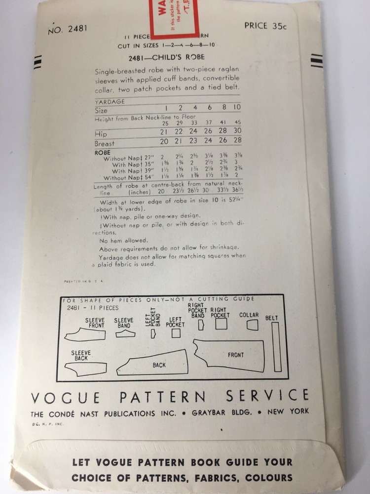 Vintage Vogue Sewing Pattern 2481 Childs Robe Single Breasted Sz 4 Complete