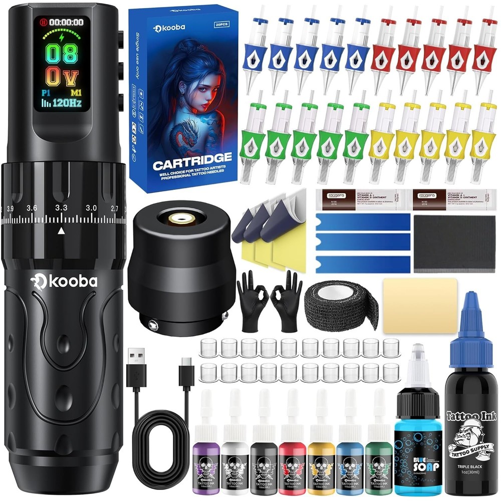 Wireless Tattoo Kit Complete for Beginners Pen Machine with Power Supply Needles
