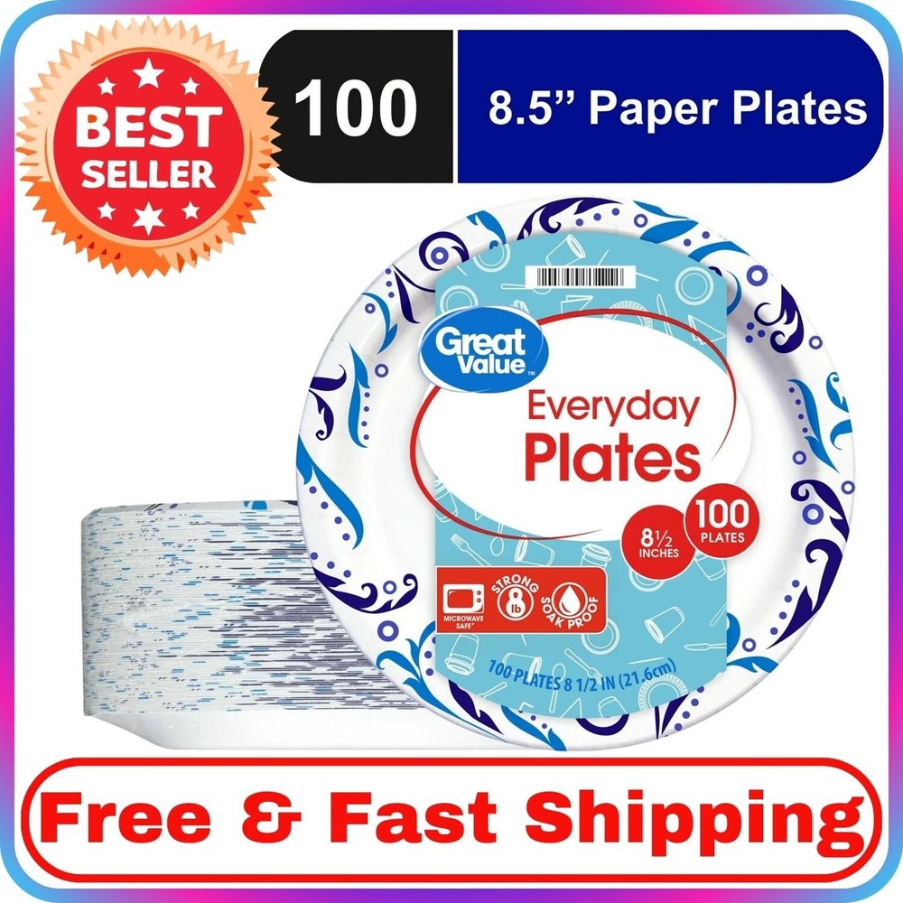 Great Value 8.5" Everyday Disposable Paper Plates, 100 Count