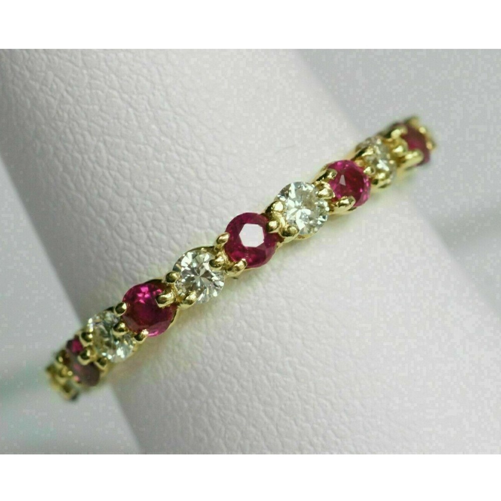 1.20Ct Round Simulated Ruby Diamond Eternity Band Ring Yellow Plated Silver