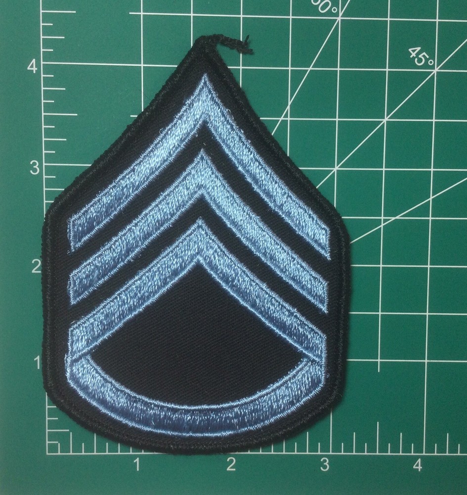 (2) Staff Sergeant - Light Blue Stripes on Black Twill (Black Border) Schiffli