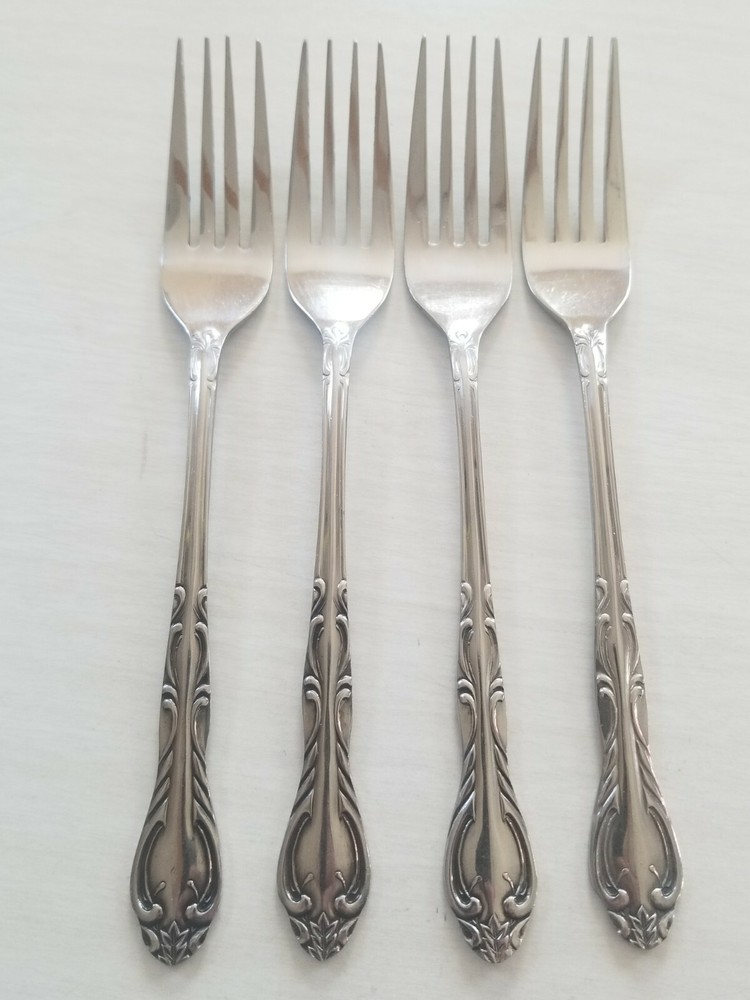 4 National Stainless NST8 Dinner Forks Scrolls Leaf Design Korea