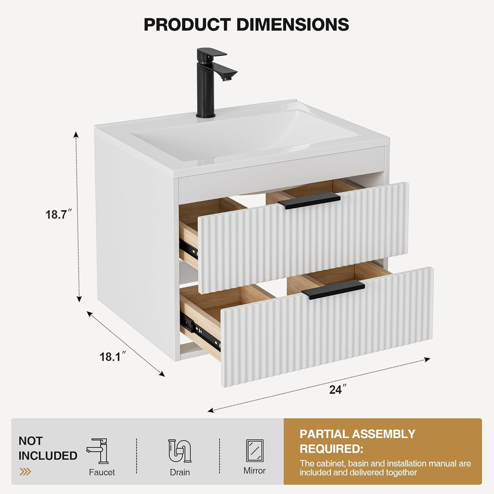 24" Modern Wall-Mounted Bathroom Vanity with Sink & Double Drawers, White