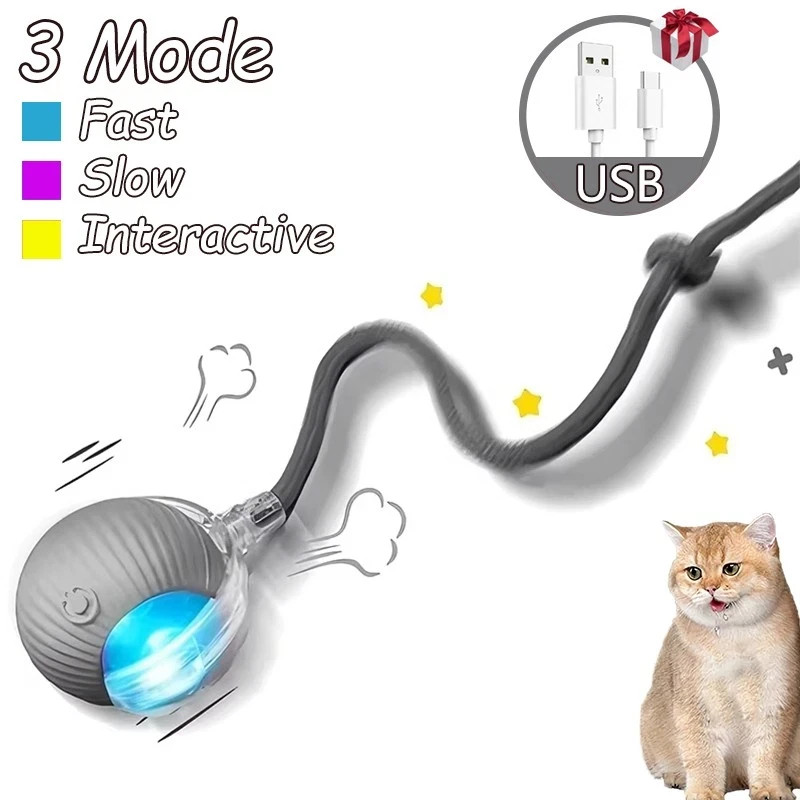 2PCS Interactive Cat Ball Toy Automatic Rolling USB Rechargeable Smart Faux Tail