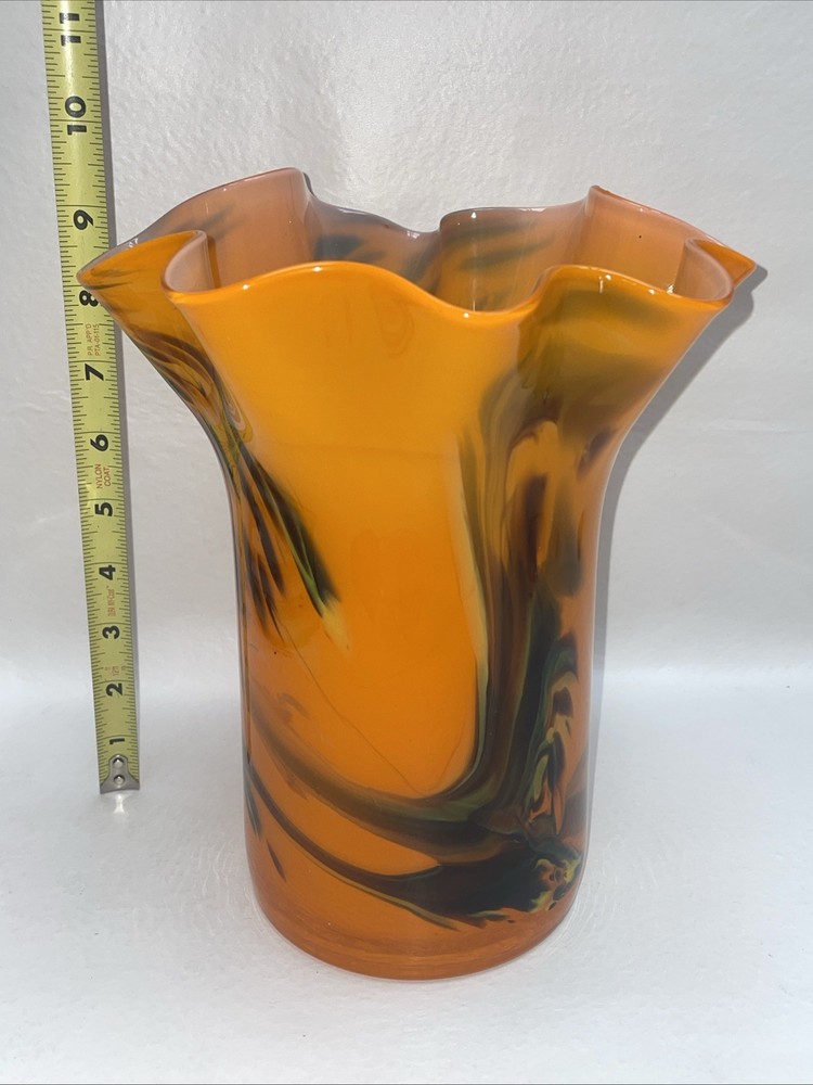 Orange Hand Blown Ruffle Edge Vase 9”