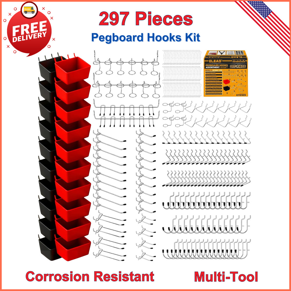 297PCS Pegboard Hooks Kit, Peg Board Organizer Accessories with Bins Organizing