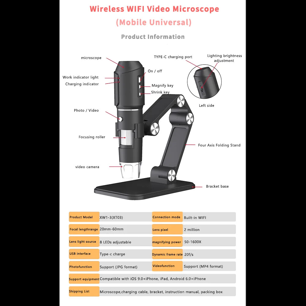 HD WiFi Digital Microscope 50x-1600x Magnifier with 8 LED Light Adjustable Stand