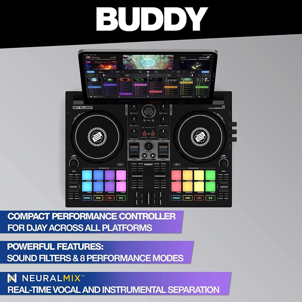 Reloop Buddy compact 2-channel DJ controller for Algoriddim DJay on iOS, PadOS,
