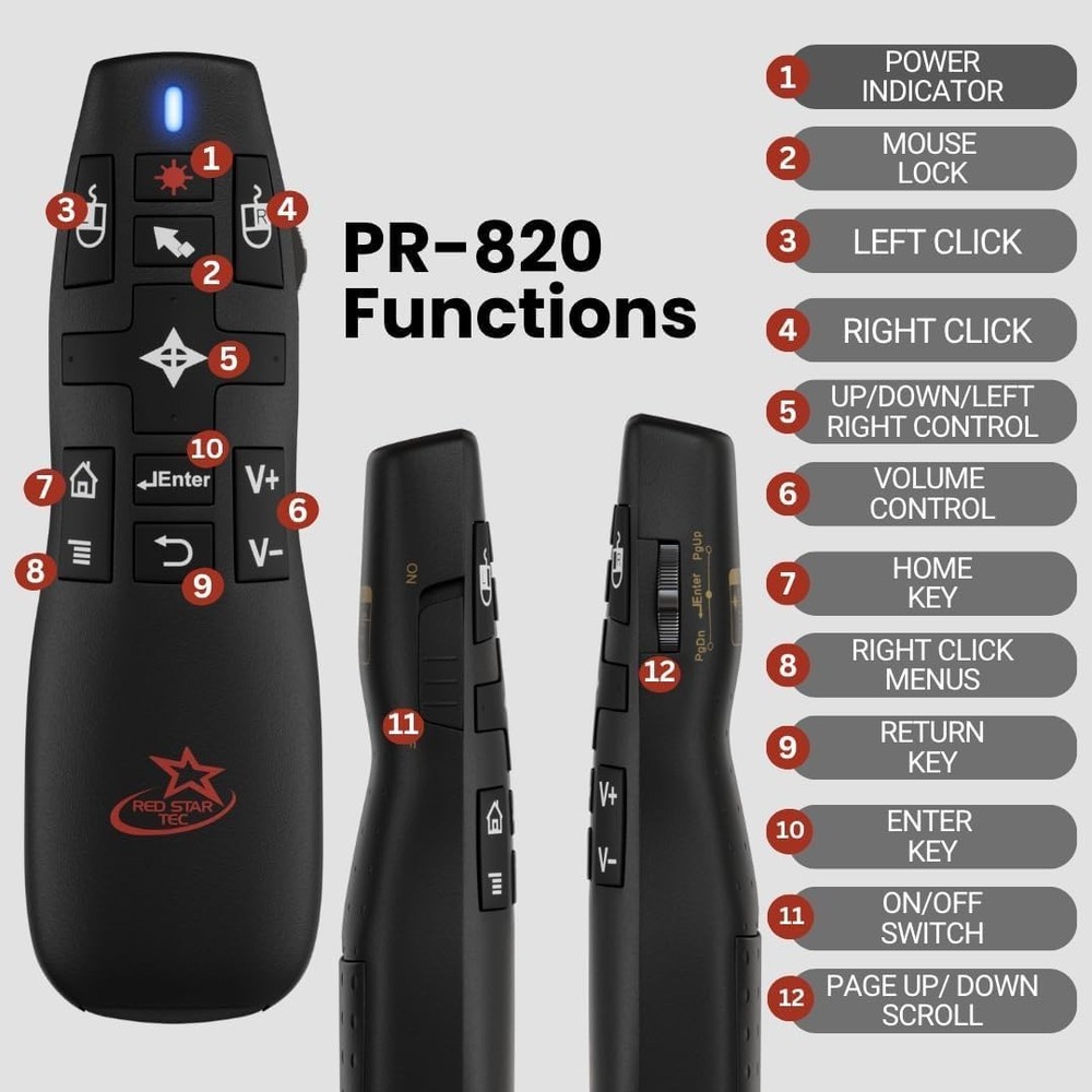 Wireless Presentation Clicker Air Mouse Laser Pointer 50ft RF Plug-Play
