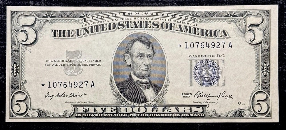 1953 $5 Silver Certificate • Star Note • Uncirculated */A Block