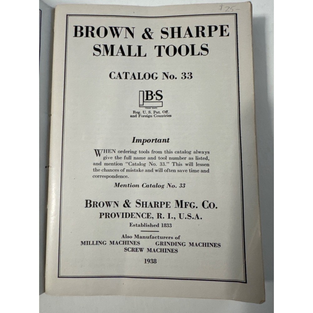 Brown & Sharpe 1938 Small Tools Catalog #33 Mechanic Tools Reference SC Vintage