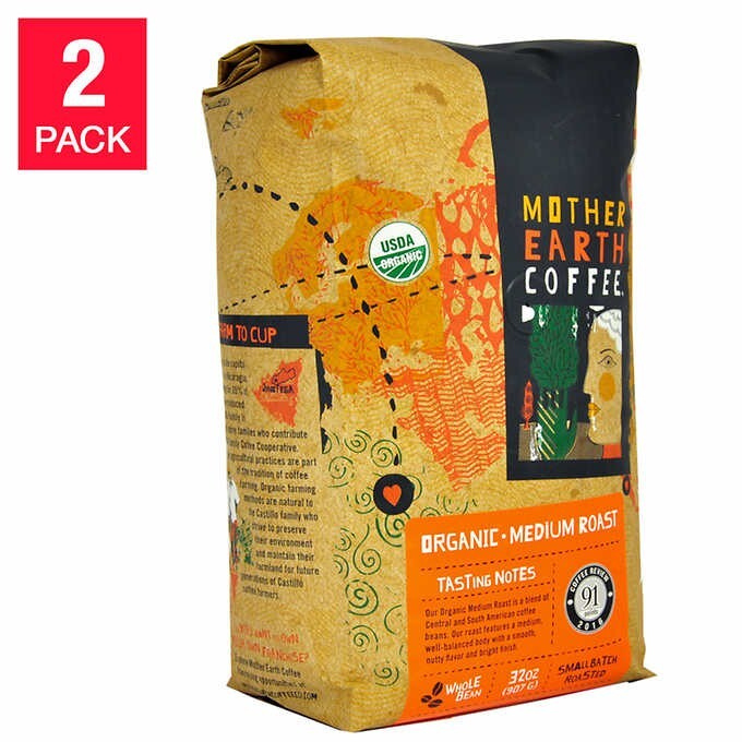 Mother Earth Organic Medium Roast Whole Bean Coffee 2 lb, 2-pack
