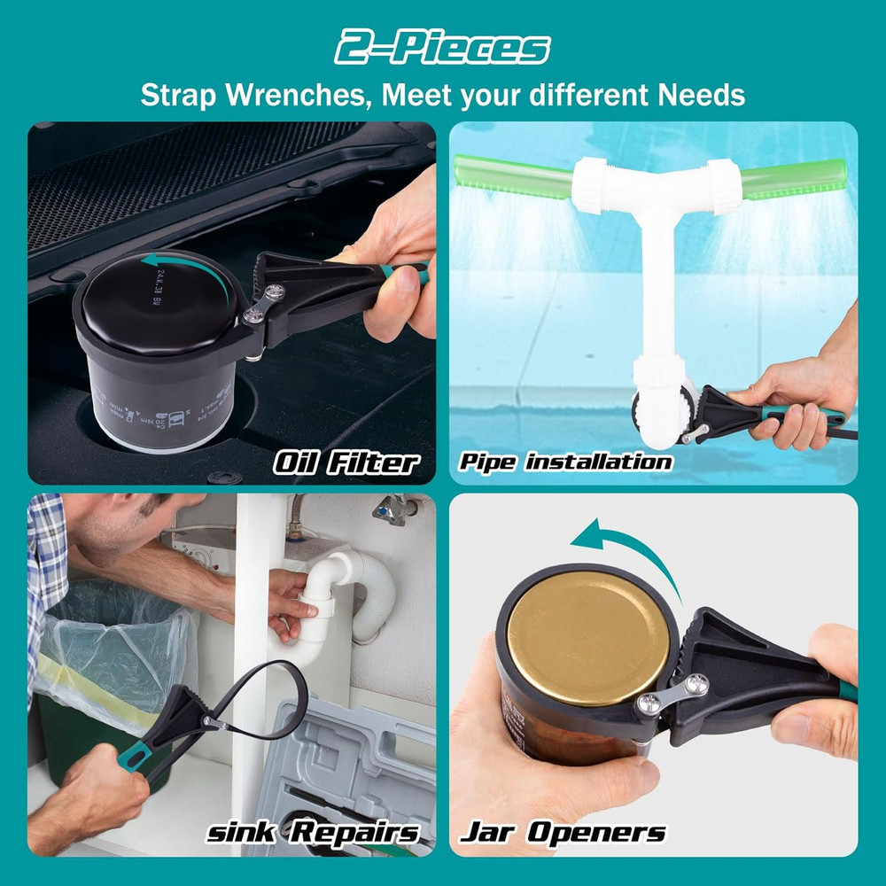 Strap Wrench Set with 8 Silicone Cable Ties - 2 Pack (4" & 6") for Adjustable Oi