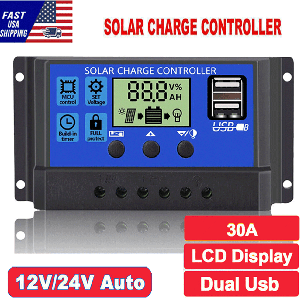 30A Solar Panel Battery Charge Controller LCD Regulator 12V/24V Auto Dual USB US
