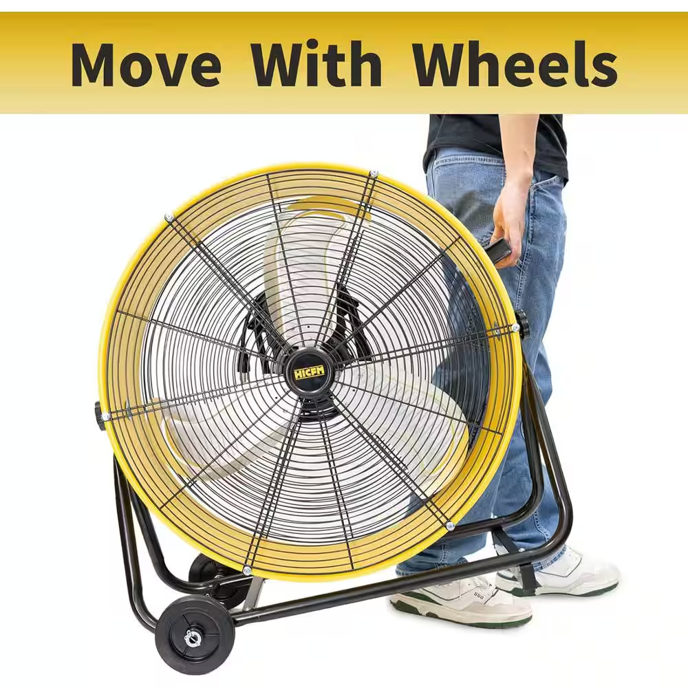 24 In. Drive Drum Fan in Yellow with Solid Wheels, Tough Handle, Variable Speed