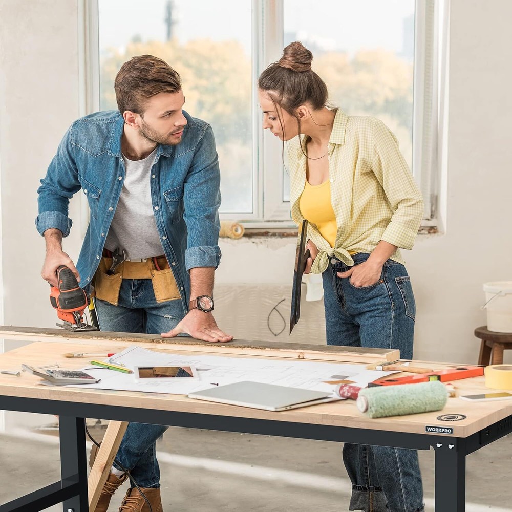 WORKPRO 60"Adjustable Workbench Rubber Wood Top Heavy-Duty 2000LBS Load Capacity