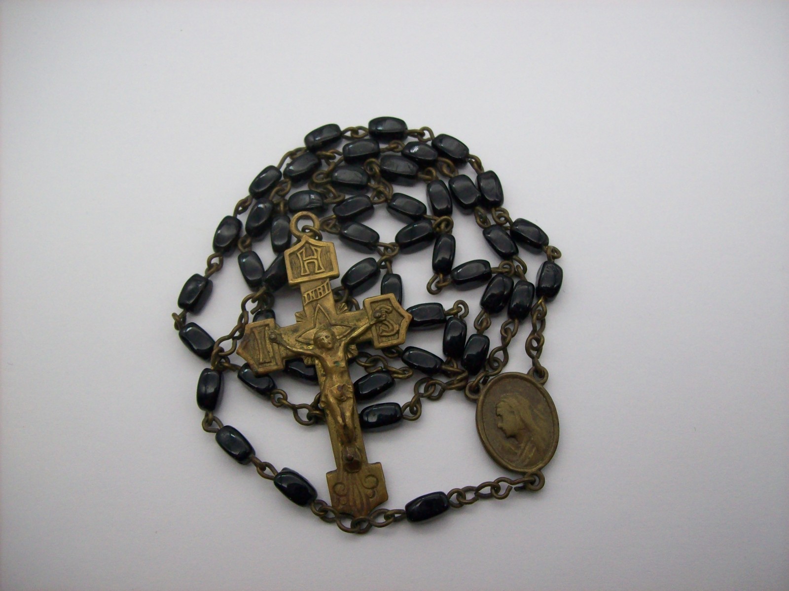 Vintage Catholic Rosary Black Beads Brass Crucifix Made in Czechoslovakia