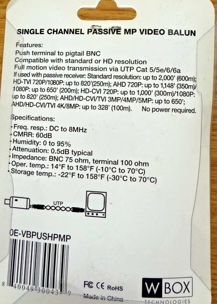 WBOX OE-VBPUSHPMP 4K/8MP Video Balun