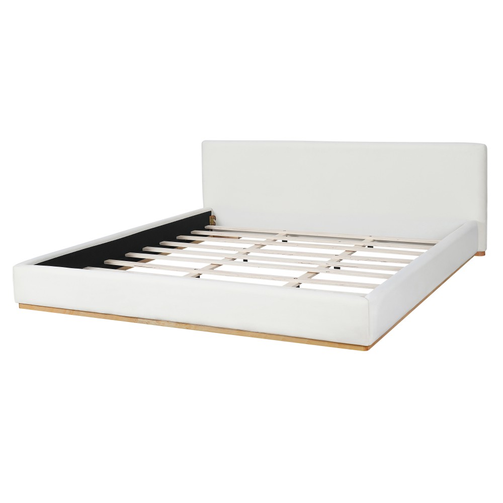 White Velvet King Bed Frame with Solid Wood Headboard & Footboard, Free Ship
