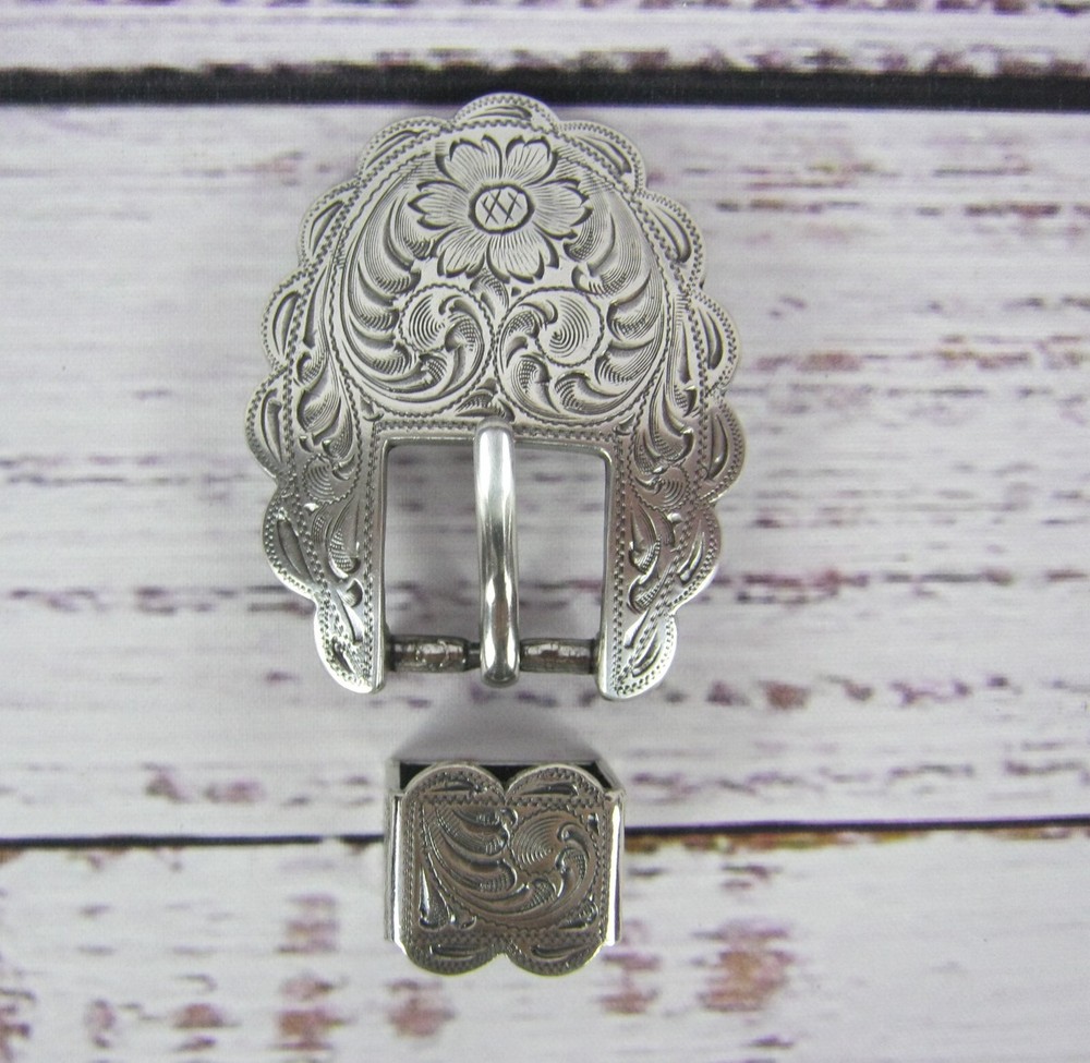 2 Piece Silver Engraved Buckle Set Loop 3/4"
