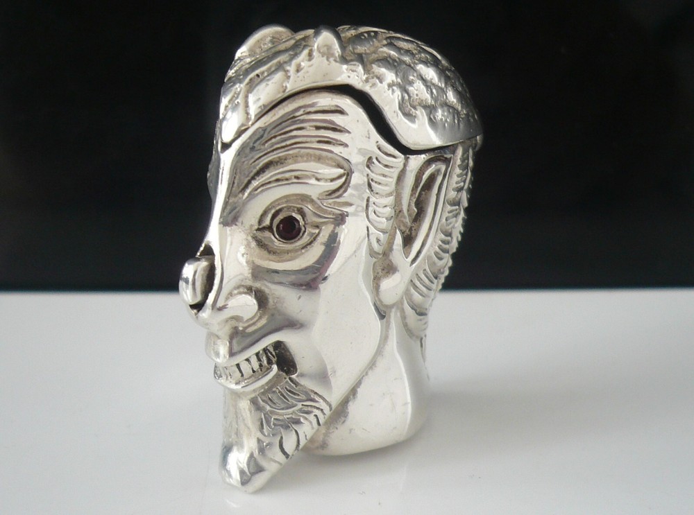 Novelty Sterling Silver Horny Devil Vesta Case, Push Button Nose Release to Open