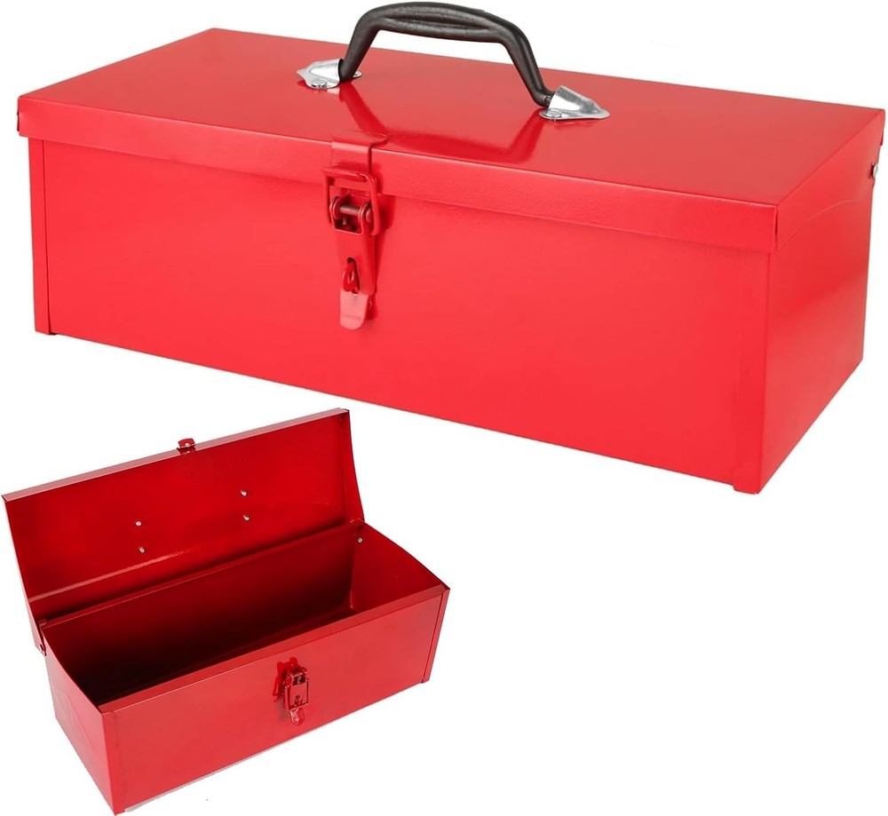 Durable 15-Inch Mini Steel Toolbox - Classic Red with Comfortable Grip Handle