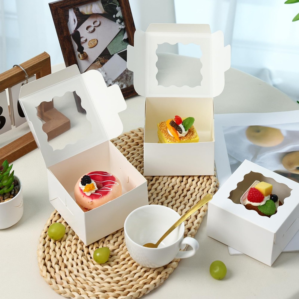 50pcs White Cookie Boxes with Window, 4x4x2.5 Inches Bakery Boxes with 5pcs S...