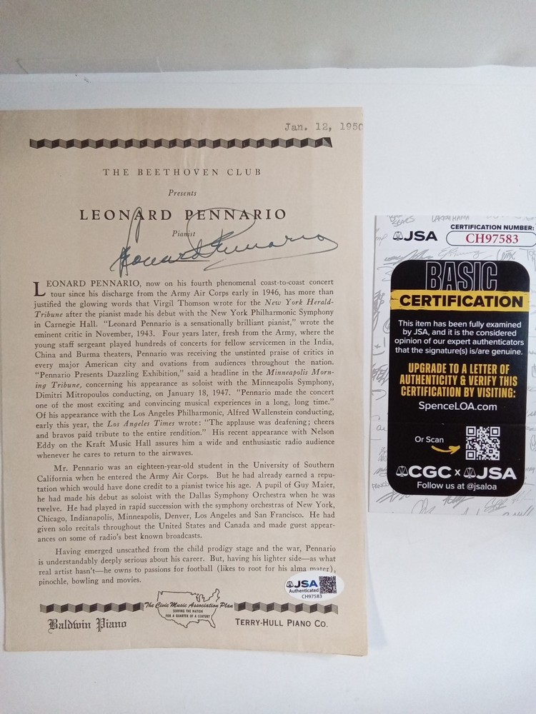 Leonard Pennario Signed Concert Program Classical Pianist JSA
