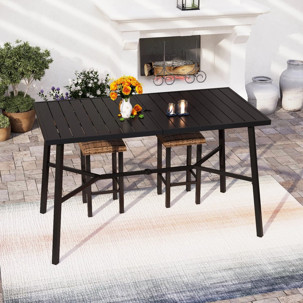 67"Outdoor Rectangular Dining Table Patio Yard Bar Table with 1.97"Umbrella Hole