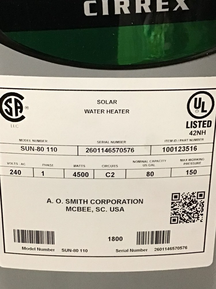 AO Smith SUN-80 Cirrex 80 Gallon Solar Water Heater Tank 240V NEW