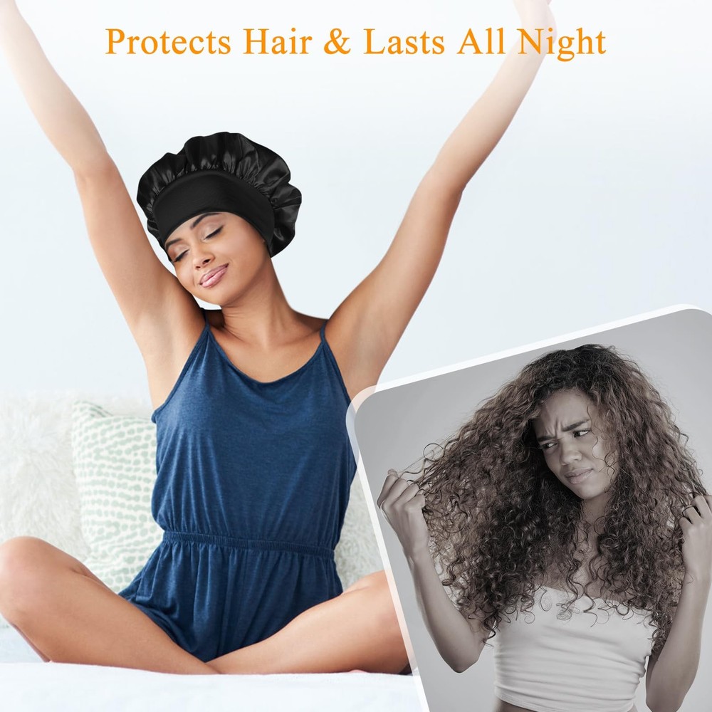 2Pcs Silk Bonnet for Sleeping, Adjustable Double Layer Hair Large, Black+blue