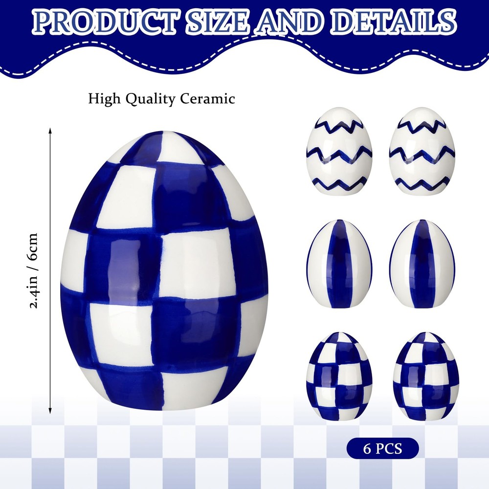 6 Pcs Ceramic Easter Eggs Blue and White Checkered Porcelain Eggs Spring Bask...