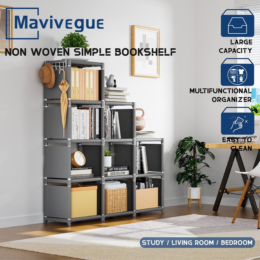 Mavivegue 12-Cube Metal Organizer Book Shelf Tall Bookcase Grey DIY Storage Unit