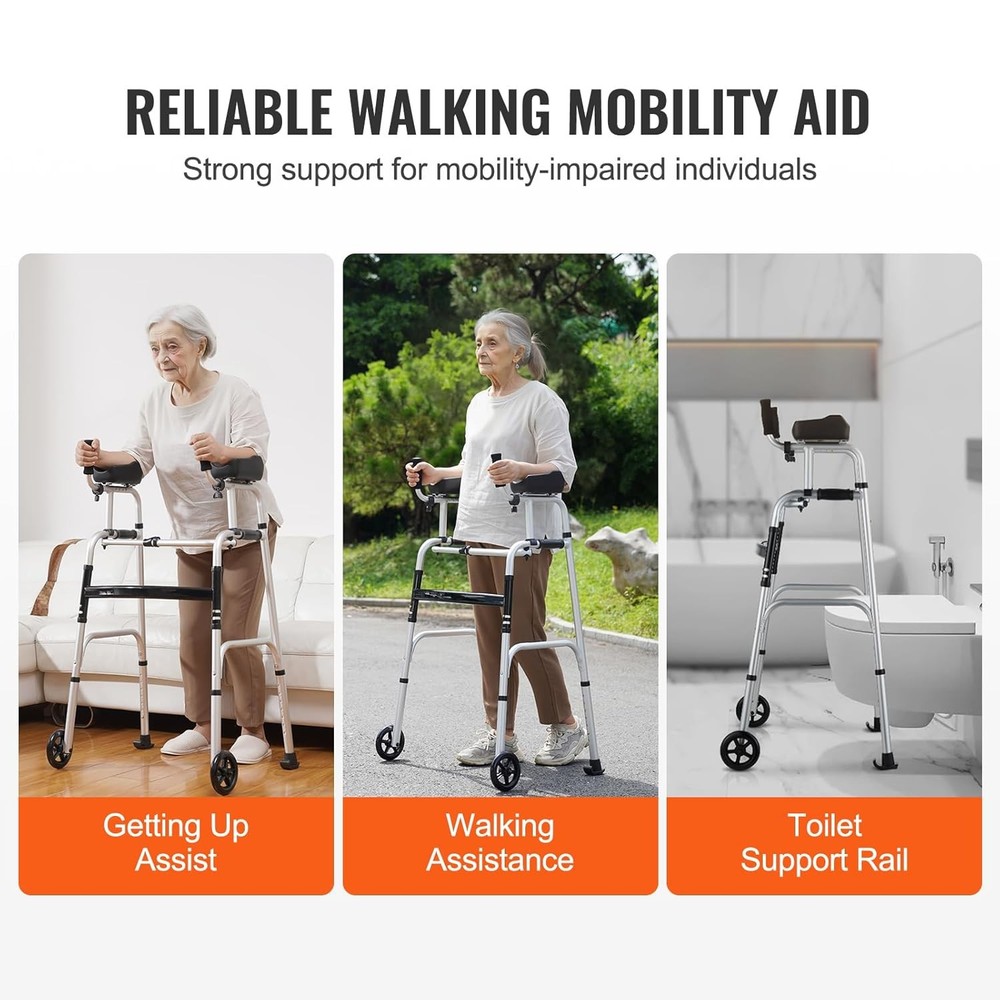 VEVOR 2 in 1 Folding Walker & Removable Armrests, Height Black, Silver
