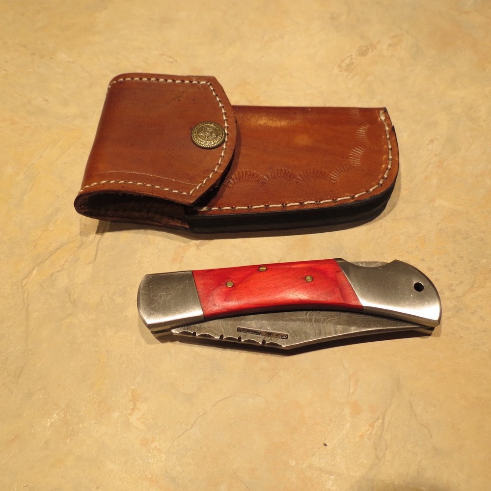 Damascus folding blade knife red laminate handle & leather sheath hand made
