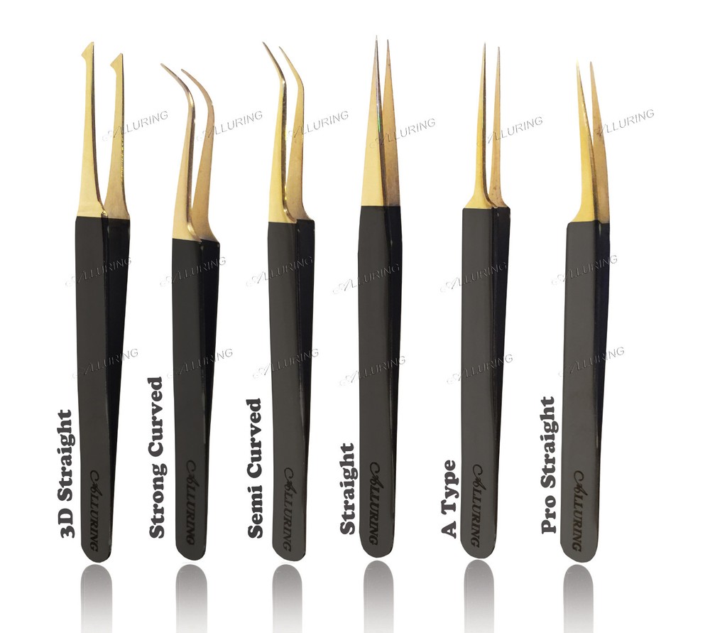 Alluring Eyelash Extensions Black with Gold Tip Tweezers