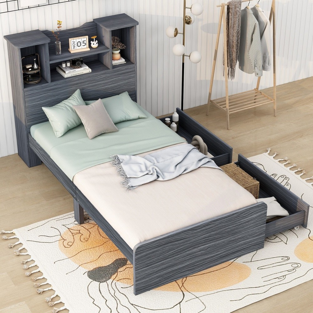 Twin Size Bed Frame Wood Platform Bed w/ Storage Shelves & Drawer & LED Light