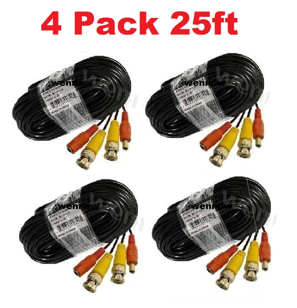 (  4 Pack )  25' Black CCTV Camera Siamese Coax Cable with Power Wire