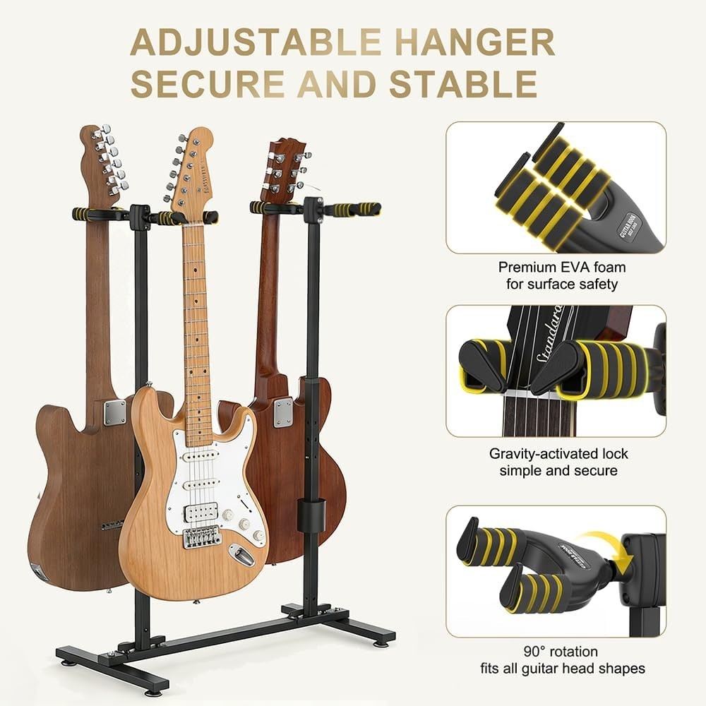 Multi Guitar Holder Stand for 4 Guitars Adjustable Height 90° Gravity-Lock Hook