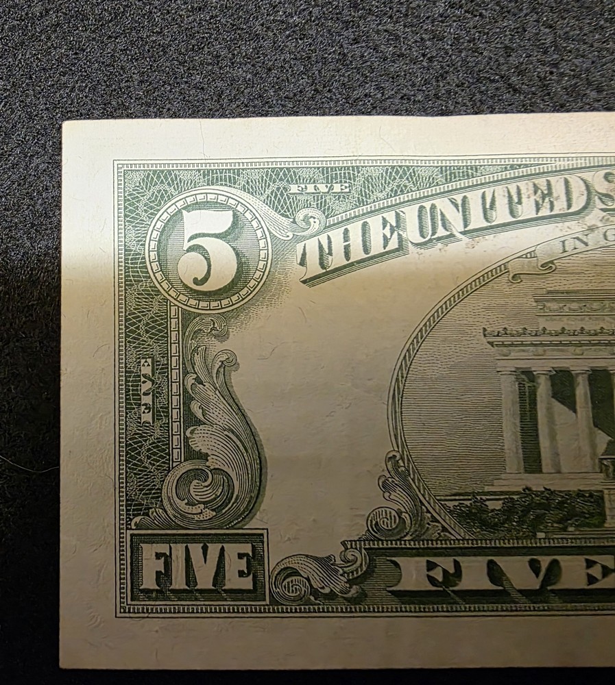 1963 A $5 Error Gutter Fold Federal Reserve Note.