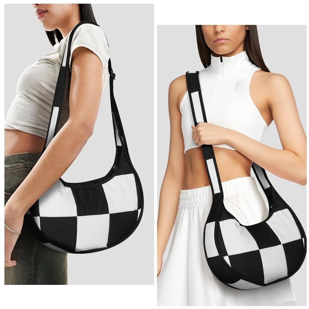 Checkered Crossbody Crescent Bag Medium Shoulder Hobo Cloud Bag Structured Ca...