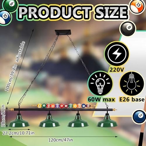Adjustable Pool Table Lights for 7'-8' Billiard Light Hanging Green 4 Lights